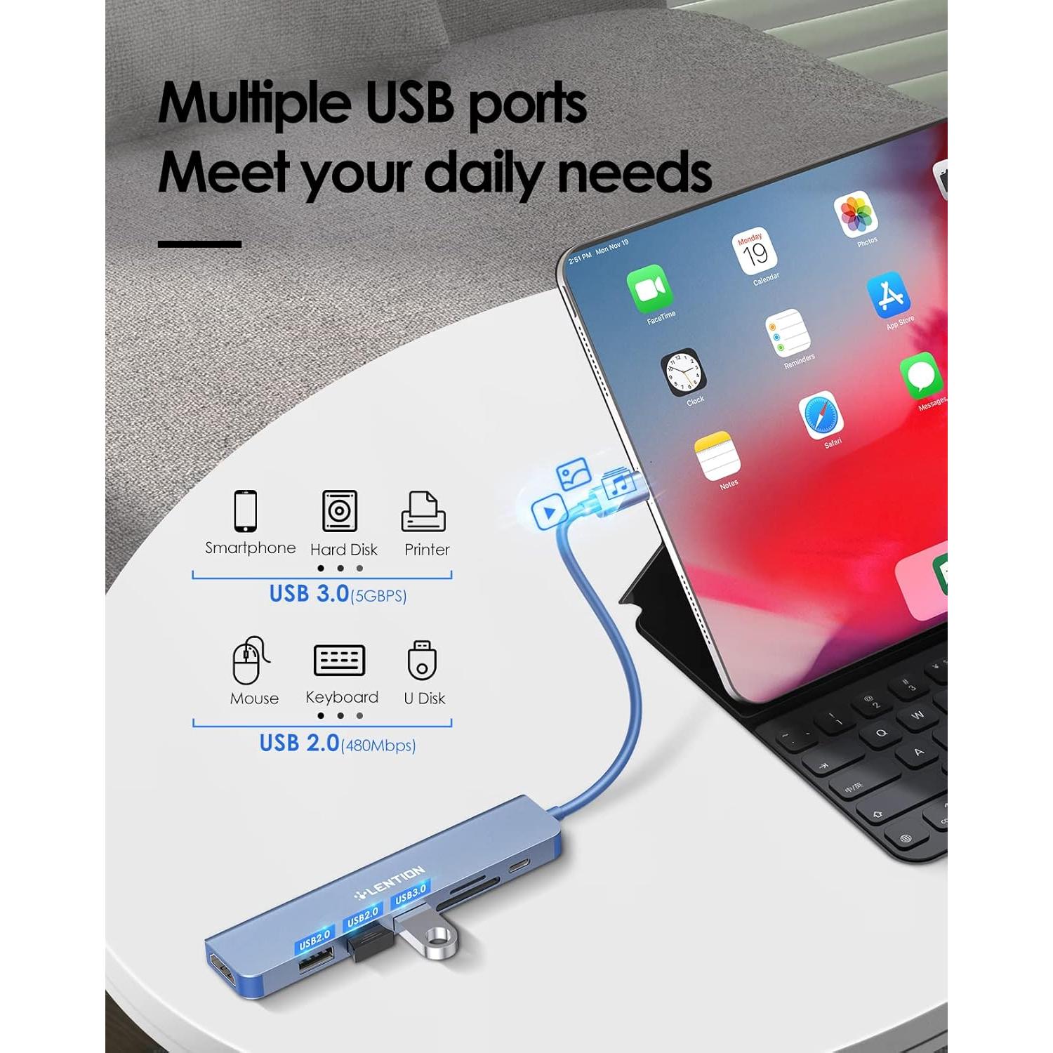 Hub USB-C Lention 7 en 1 con HDMI 4K y carga 100W Azul