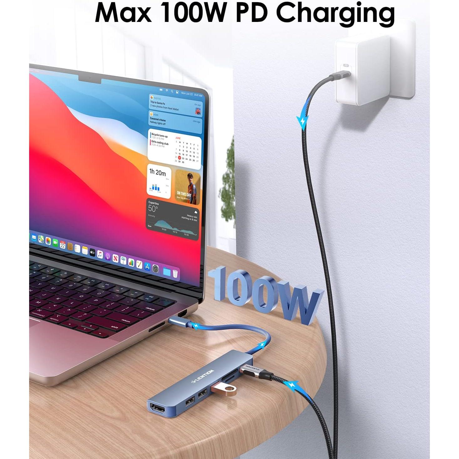 Hub USB-C Lention 7 en 1 con HDMI 4K y carga 100W Azul