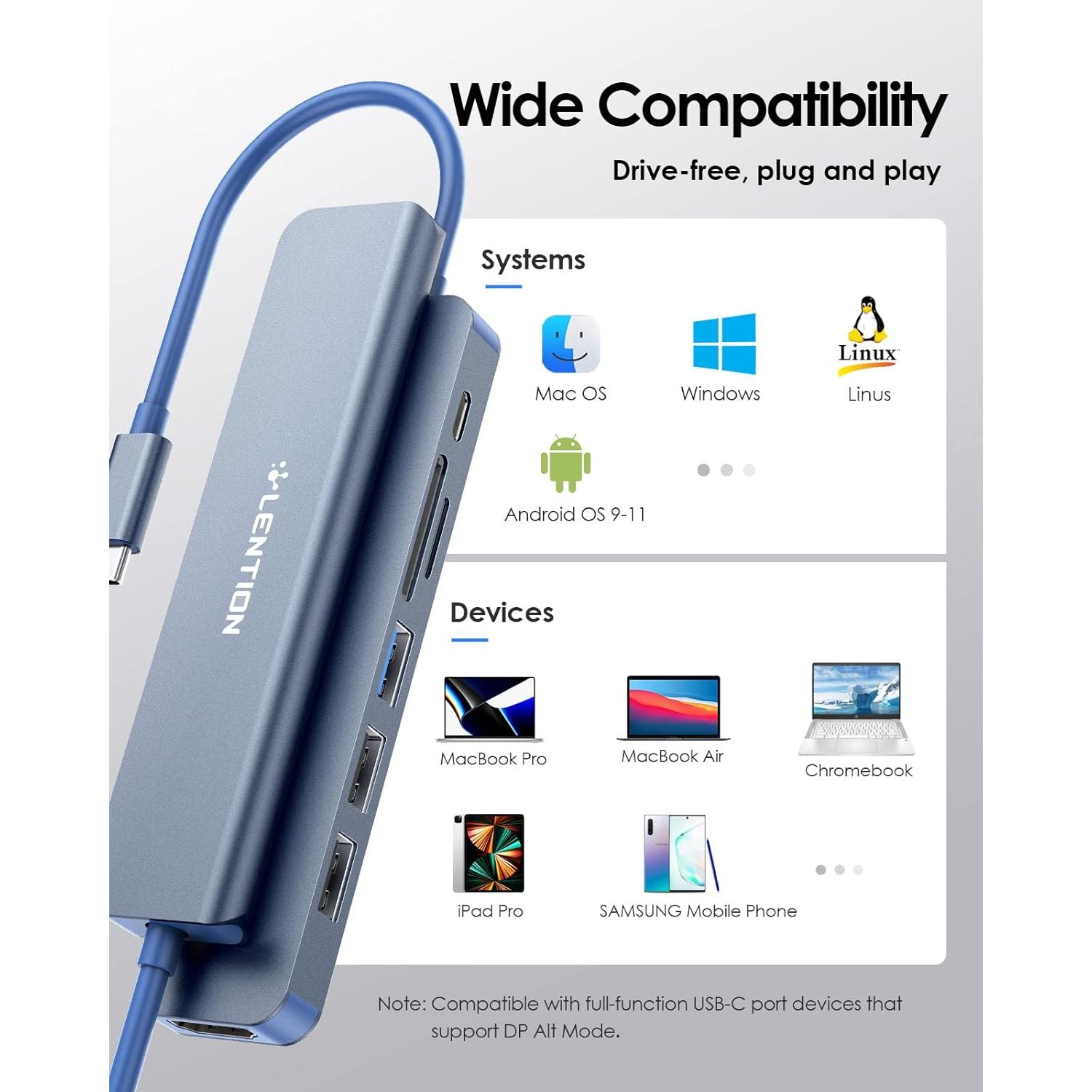 Hub USB-C Lention 7 en 1 con HDMI 4K y carga 100W Azul