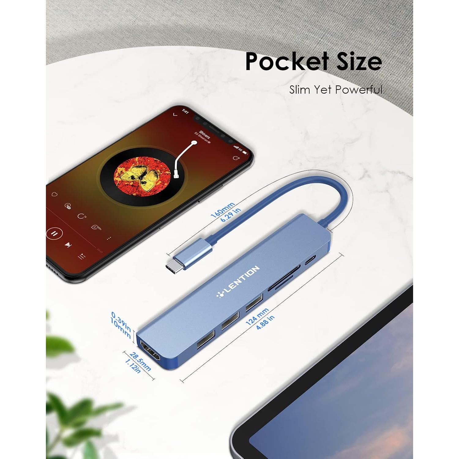 Hub USB-C Lention 7 en 1 con HDMI 4K y carga 100W Azul