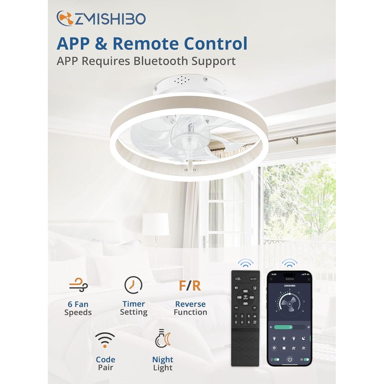 Ventilador de Techo ZMISHIBO 33 cm con Luz LED y Control Remoto