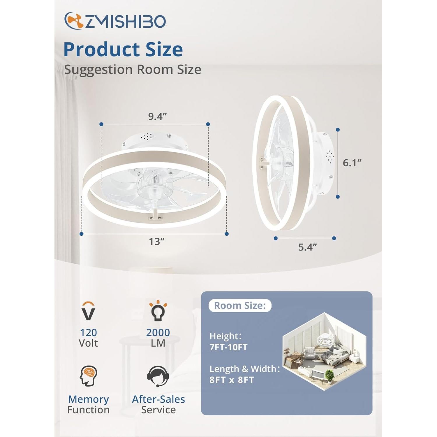 Ventilador de Techo ZMISHIBO 33 cm con Luz LED y Control Remoto