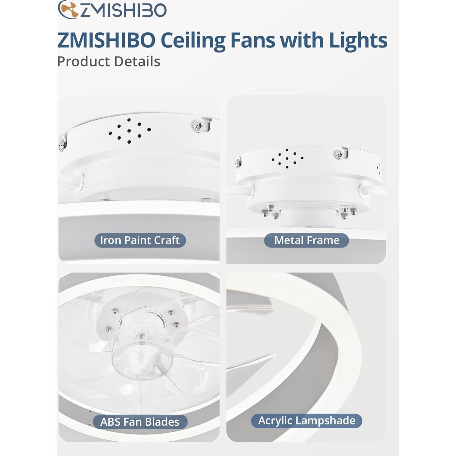 Ventilador de Techo ZMISHIBO 33 cm con Luz LED y Control Remoto