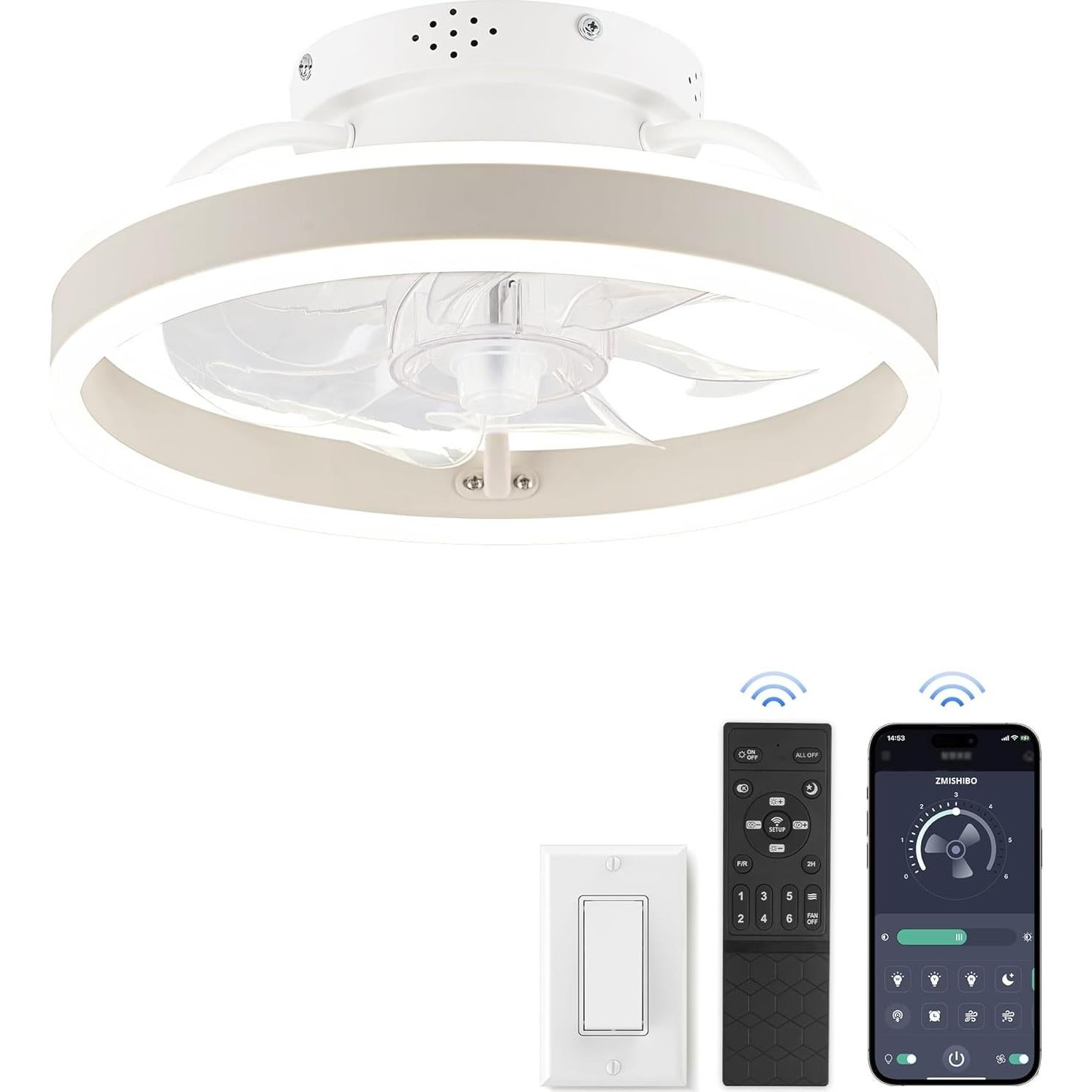Ventilador de Techo ZMISHIBO 33 cm con Luz LED y Control Remoto