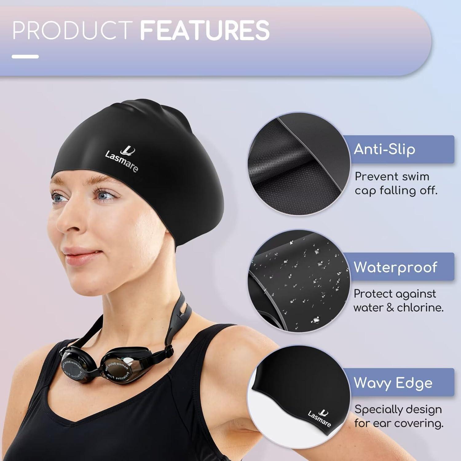 Gorro de natación Lasmare para cabello largo + tapones y pinza