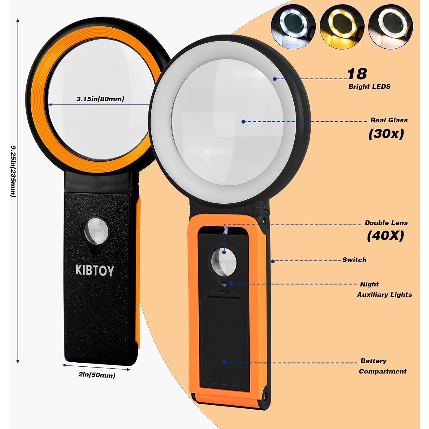 Lupa con Luz KIBTOY 30X 40X Plegable con 18 LEDs Negro