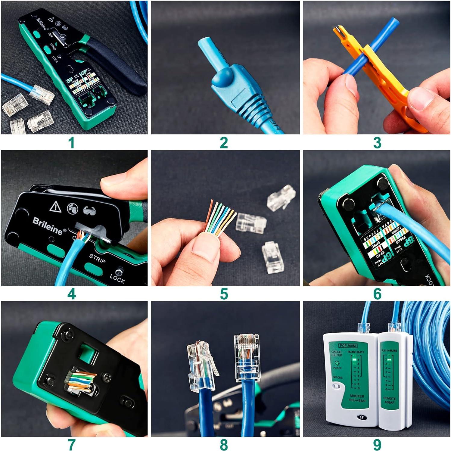 Kit de Crimpado RJ45 Brileine con Probador y 100 Conectores