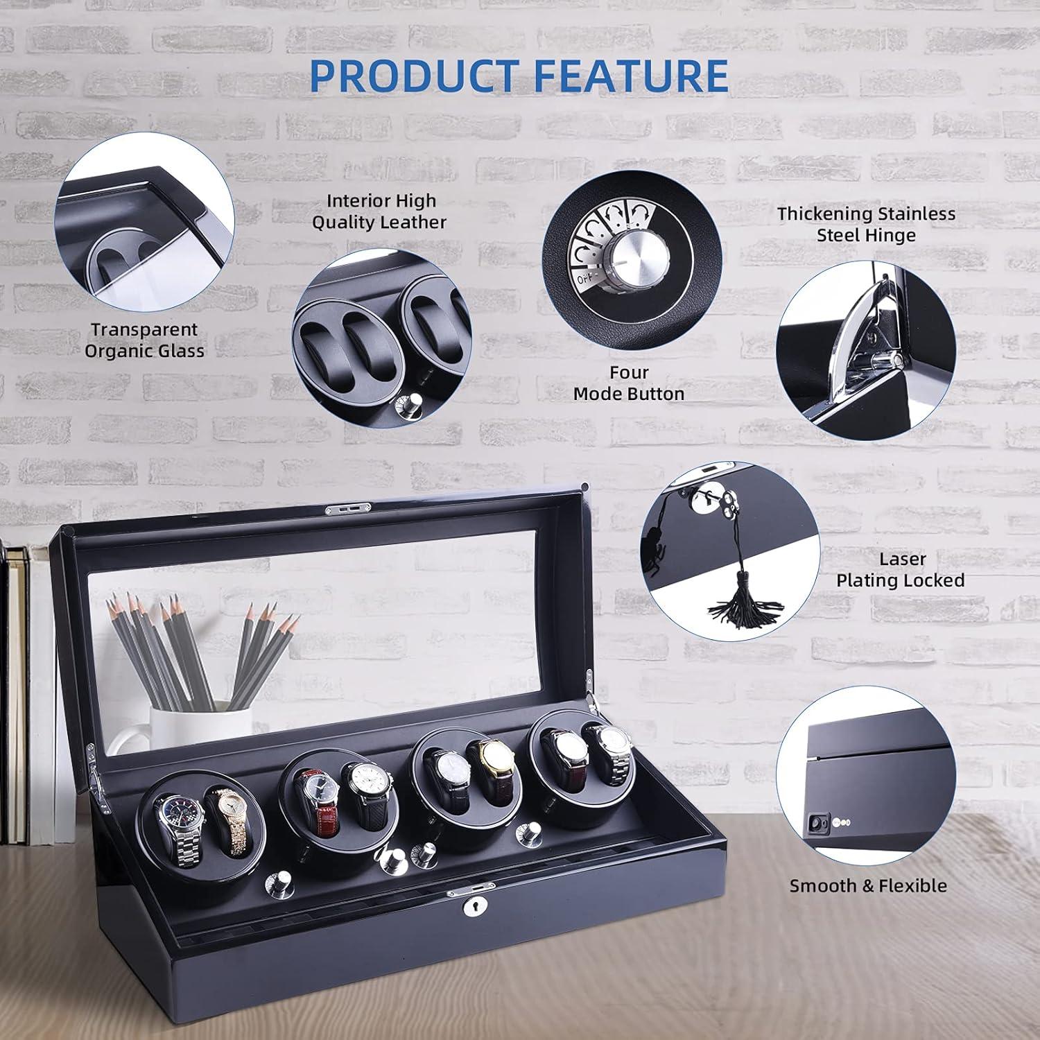 Reloj Winder Automático Udgtee 4 Motores Negro Madera