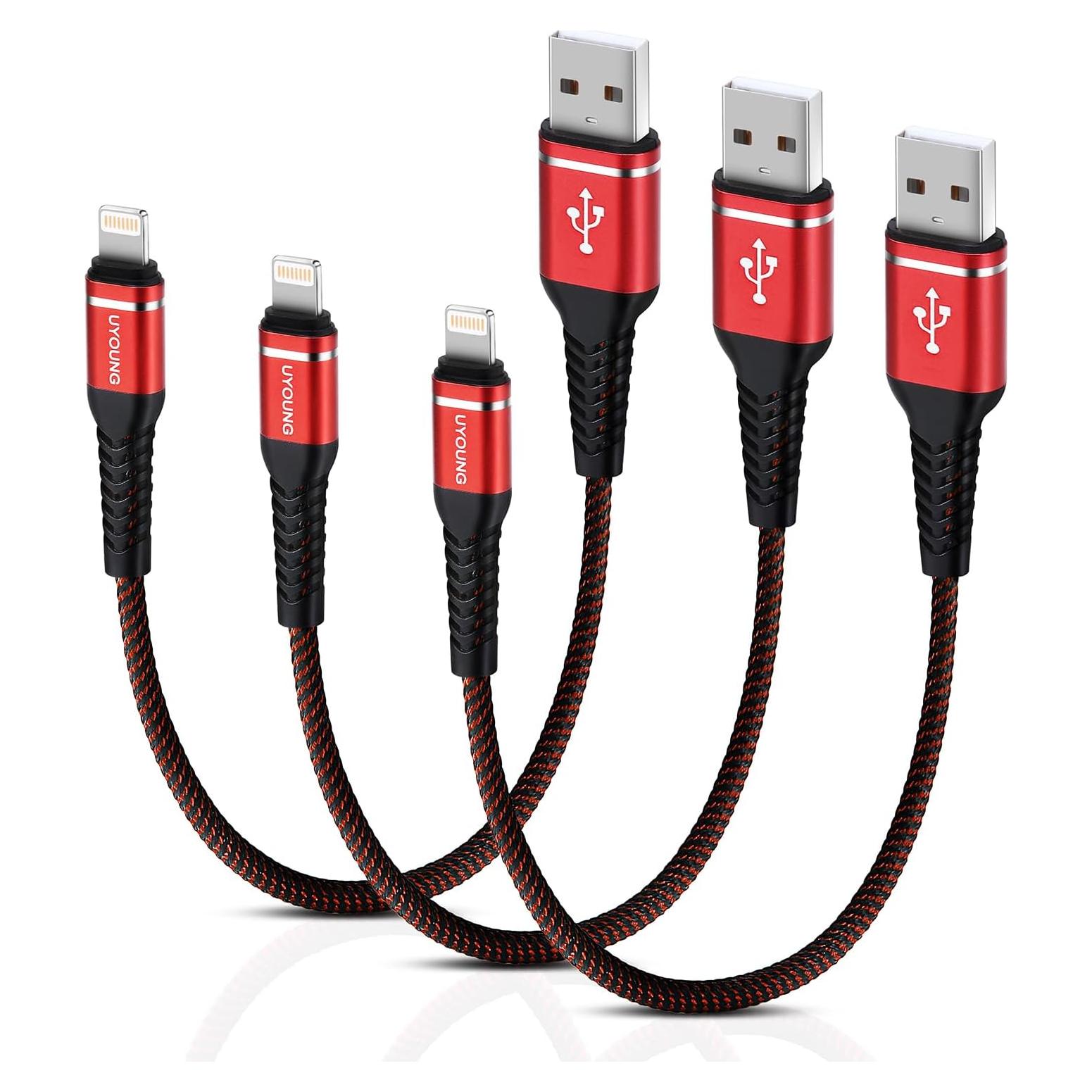 Cargador Corto UYOUNG 1FT USB a Lightning Rojo 3Pack MFi
