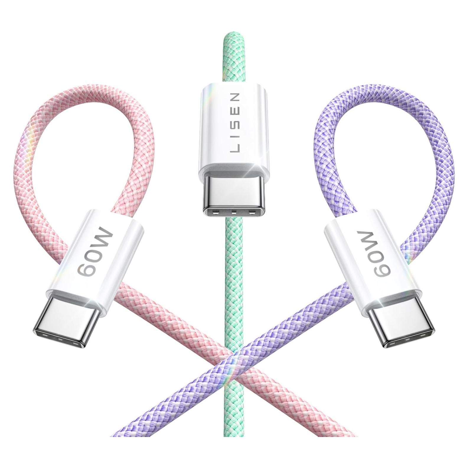 Cargador Rápido LISEN 60W USB-C a USB-C 3 Pack Multicolor