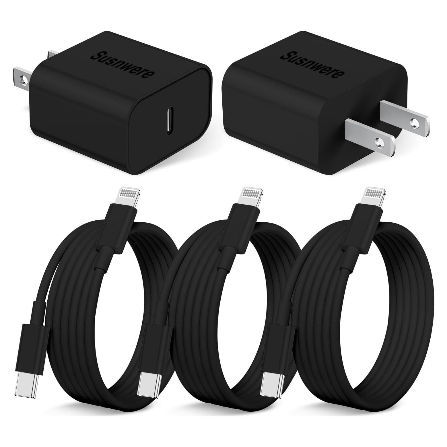 Cargador Rápido USB C 20W MFi + 3 Cables Lightning 6FT Negro