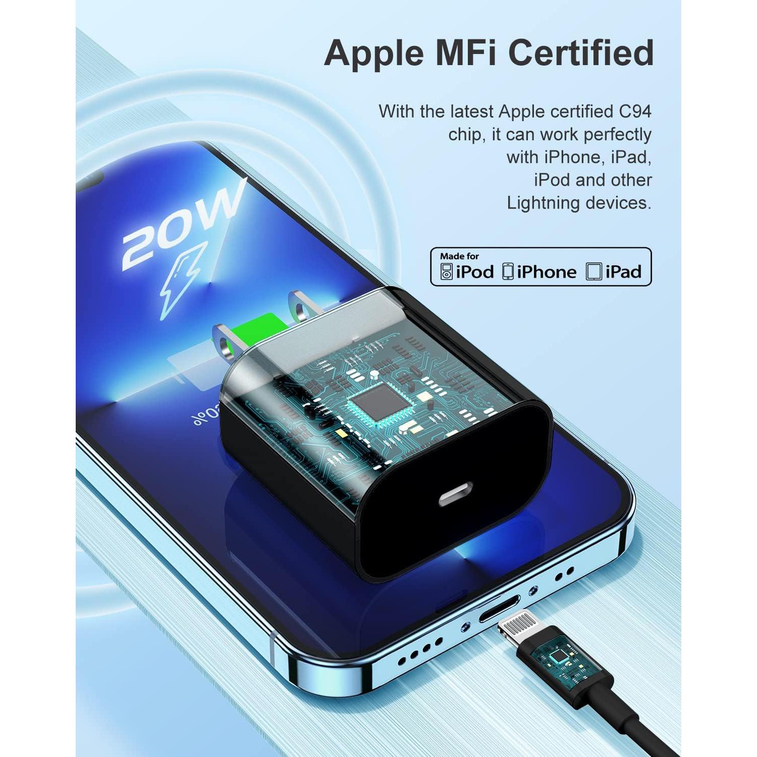 Cargador Rápido USB C 20W MFi + 3 Cables Lightning 6FT Negro