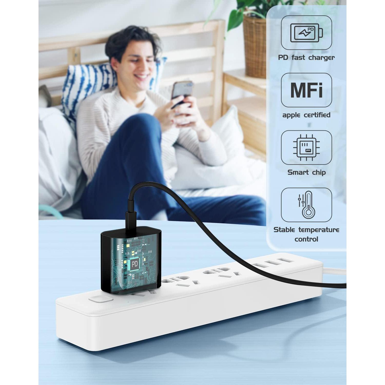 Cargador Rápido USB C 20W MFi + 3 Cables Lightning 6FT Negro