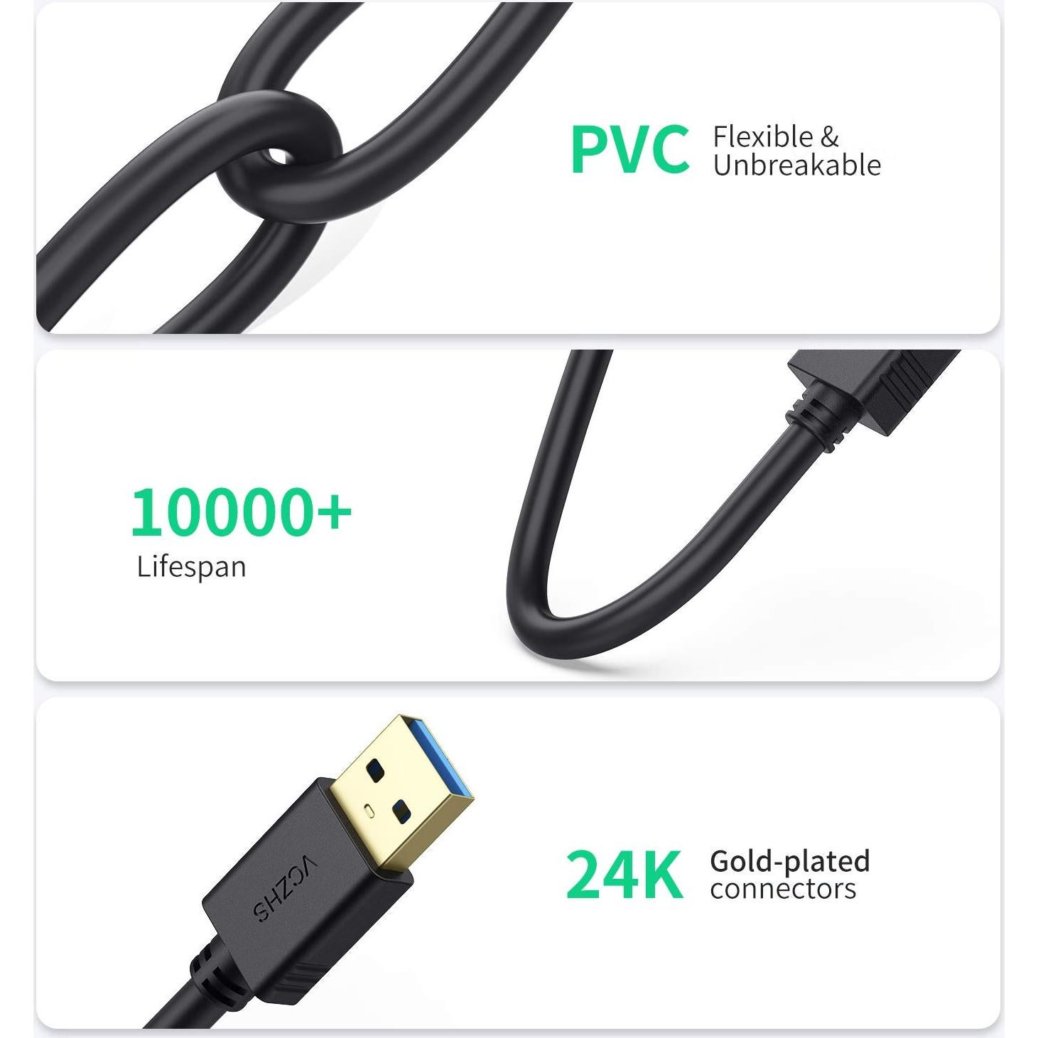 Cable de Extensión USB 3.0 VCZHS Tech 0.30m, Alta Velocidad