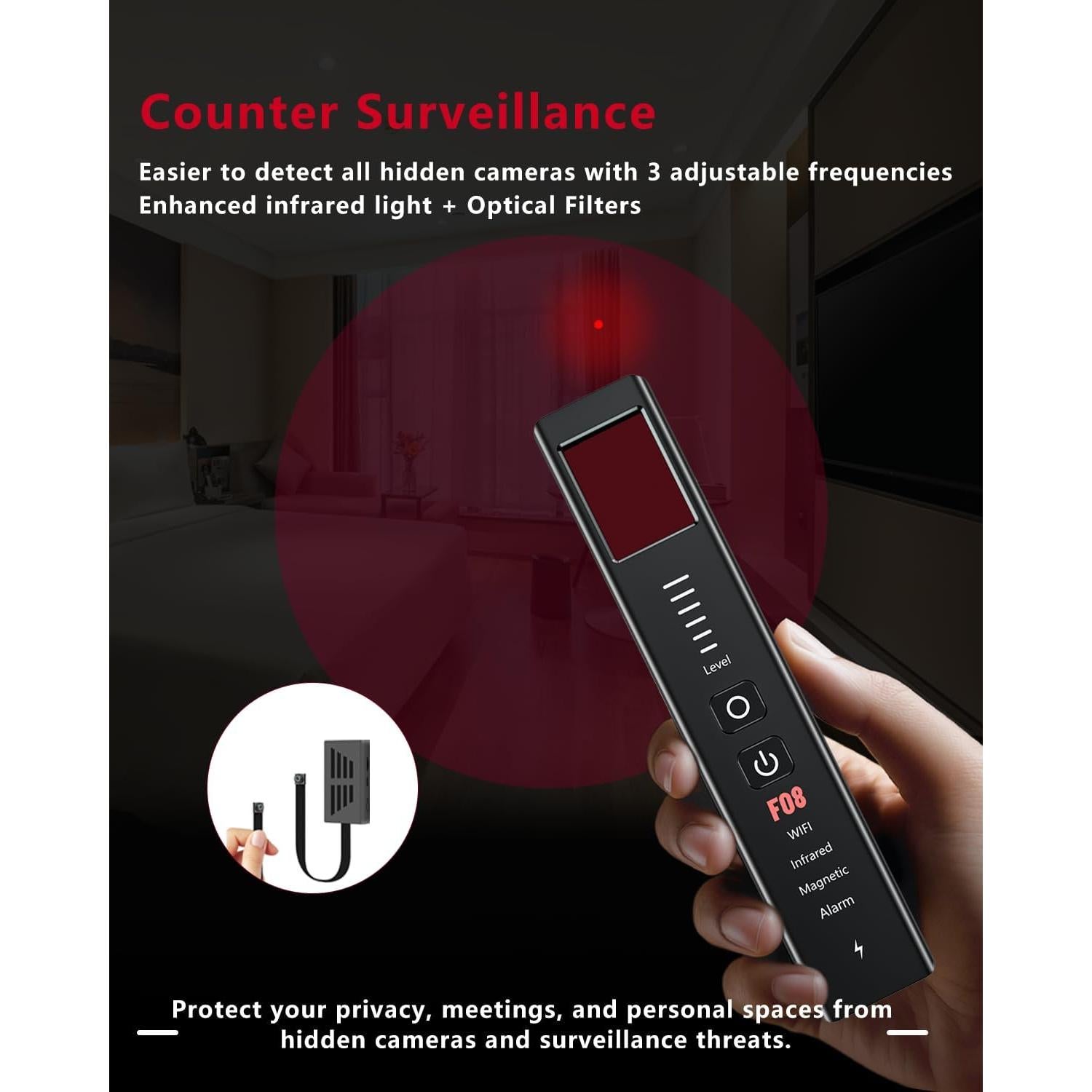 Detector de Cámaras Ocultas F08 - Alarma SOS y GPS - Portátil