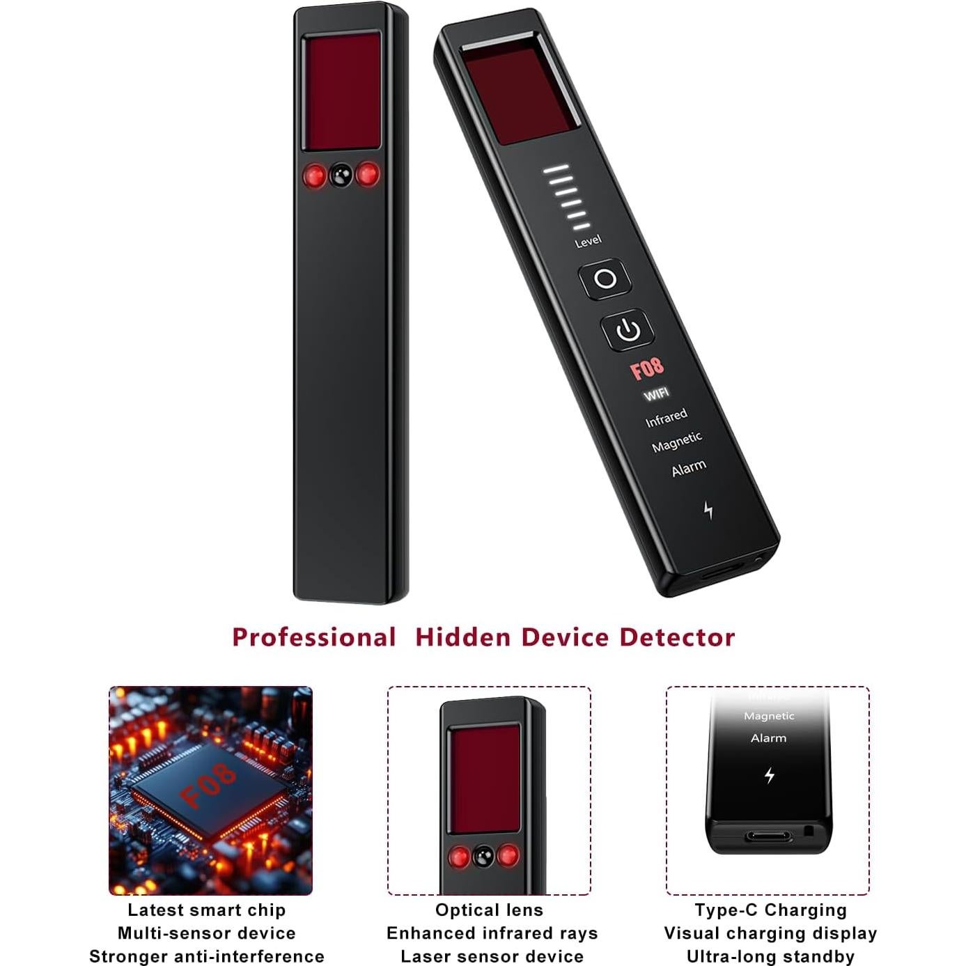 Detector de Cámaras Ocultas F08 - Alarma SOS y GPS - Portátil