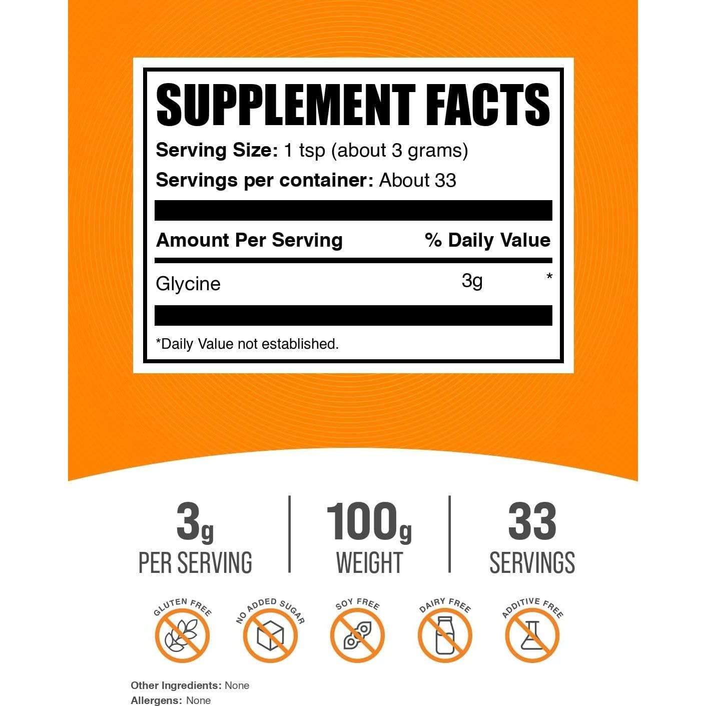 Polvo de Glicina BulkSupplements 100g - Suplemento Aminoácidos