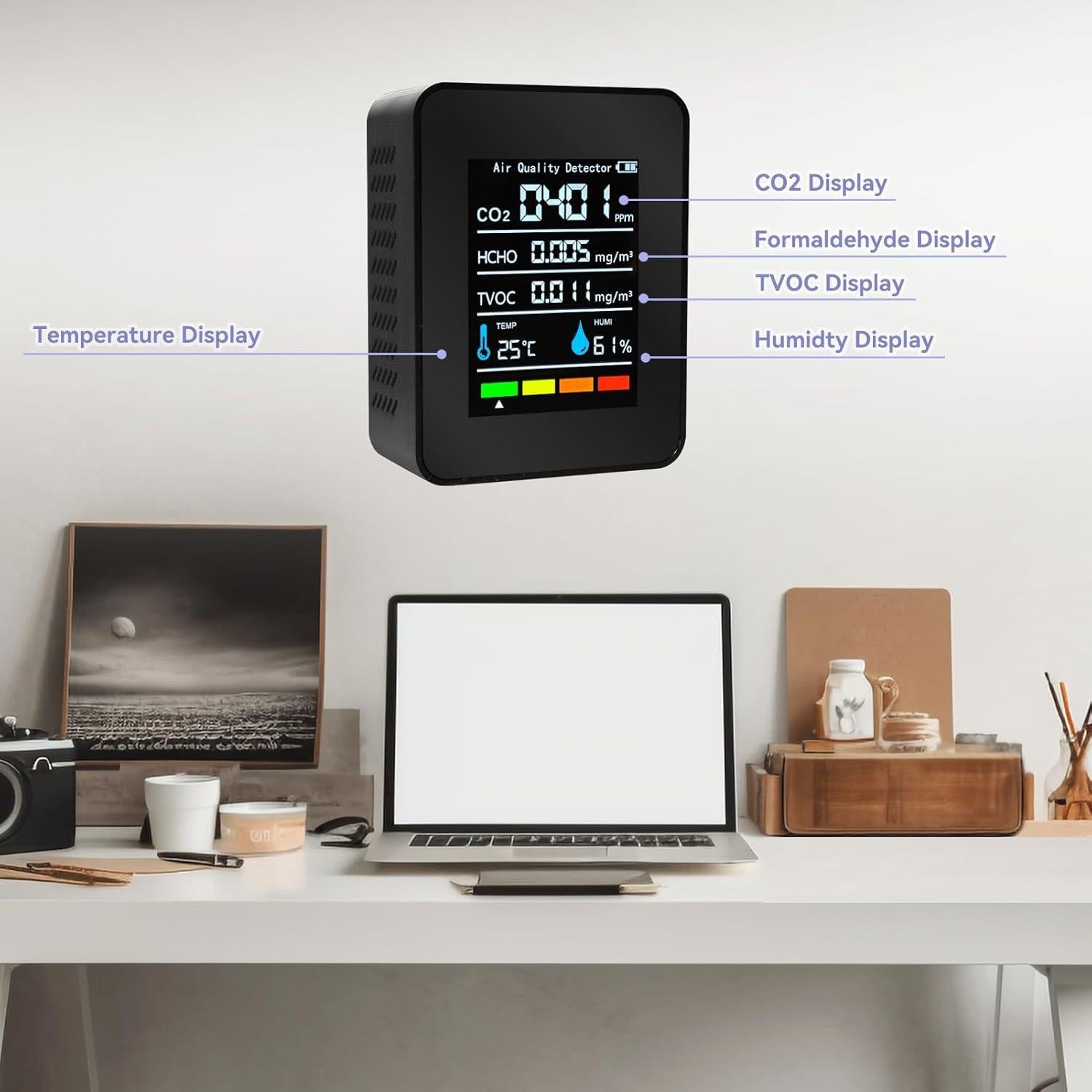 Monitor de Calidad del Aire 5 en 1 SIWMER - CO2, HCHO, TVOC, Humedad, Temperatura