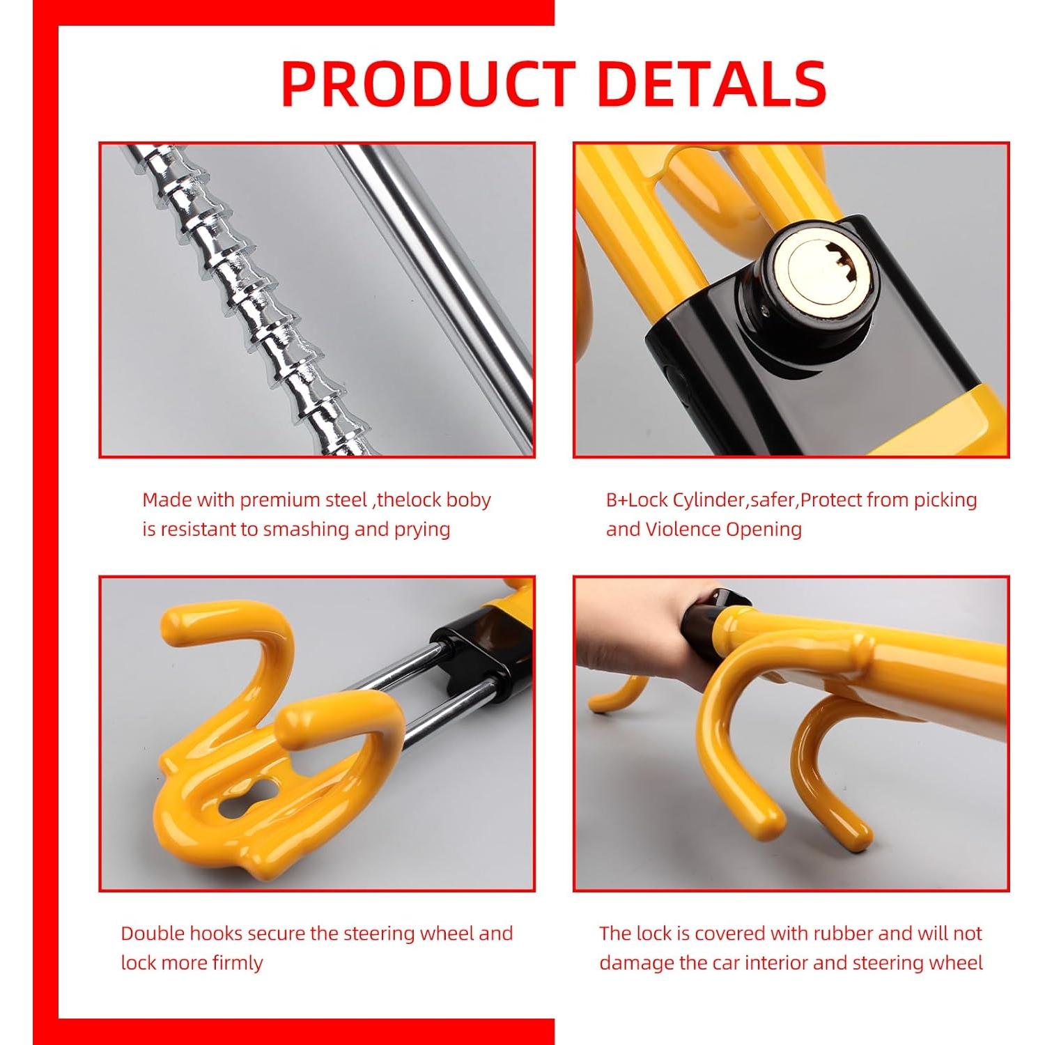 Bloqueo de Volante Antirrobo NOEAIKE Amarillo Ajustable 1.80 kg