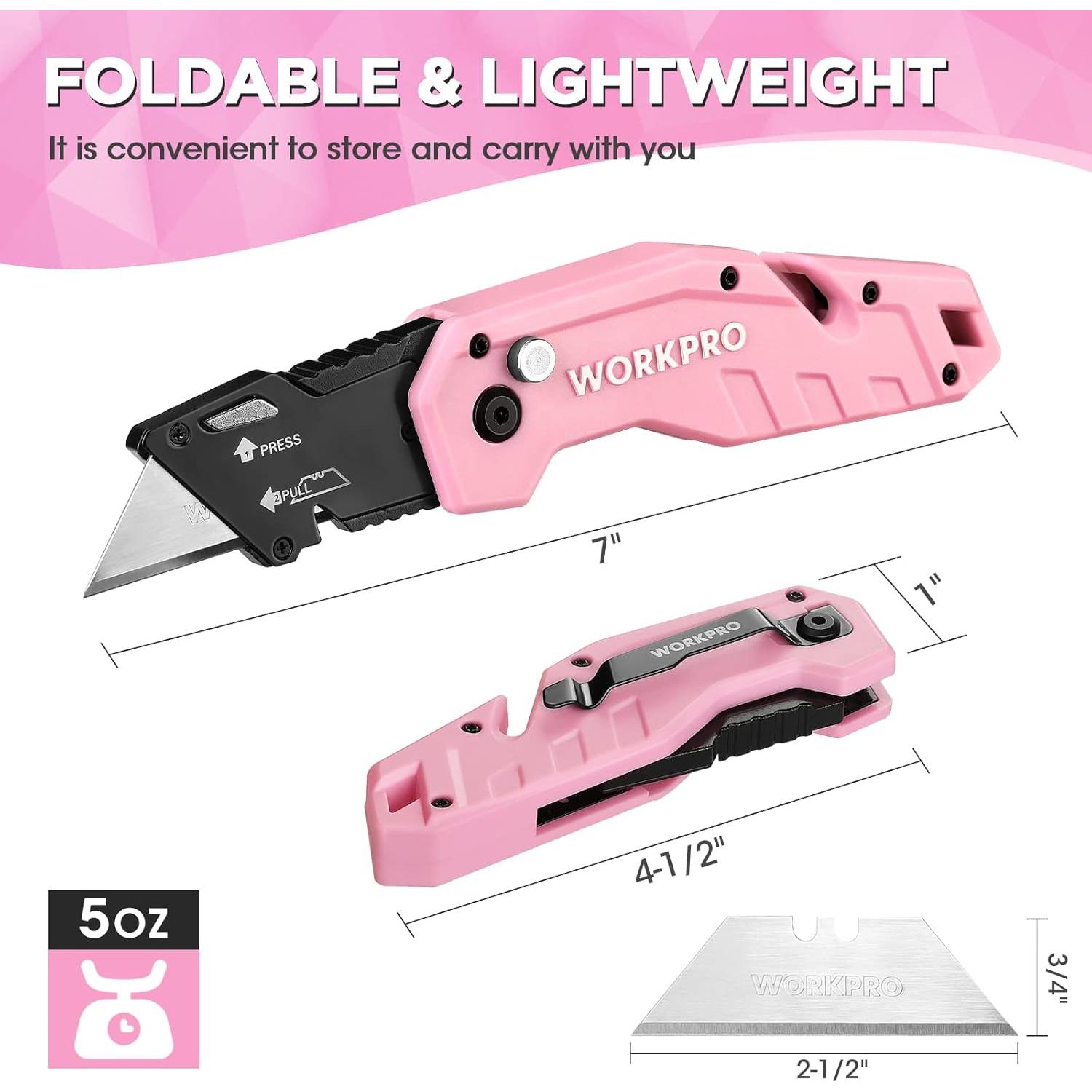 Cuchillo Utilitario Plegable WORKPRO Rosa con 10 Cuchillas