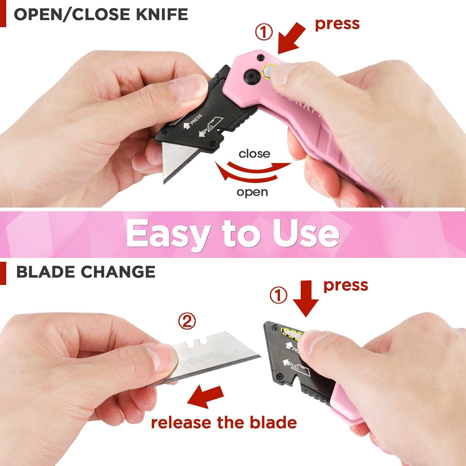 Cuchillo Utilitario Plegable WORKPRO Rosa con 10 Cuchillas