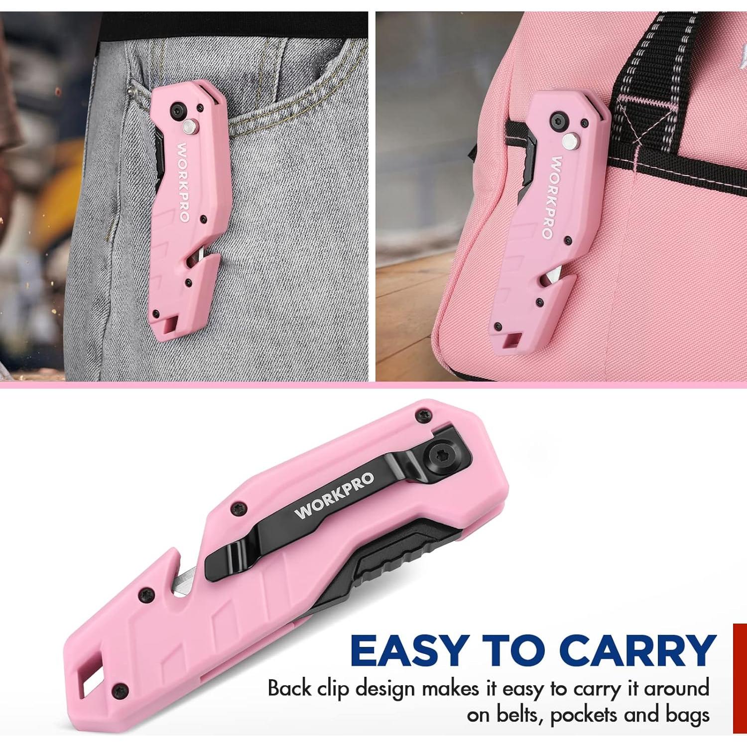 Cuchillo Utilitario Plegable WORKPRO Rosa con 10 Cuchillas