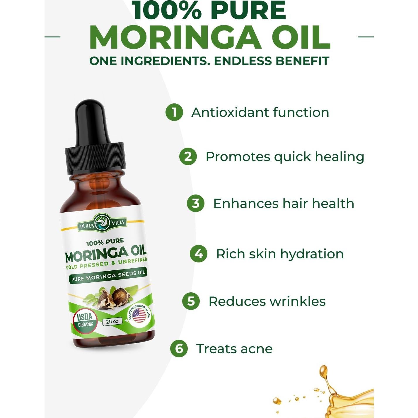 Aceite de Semilla de Moringa Orgánico Pura Vida 60 ml - Piel y Cabello