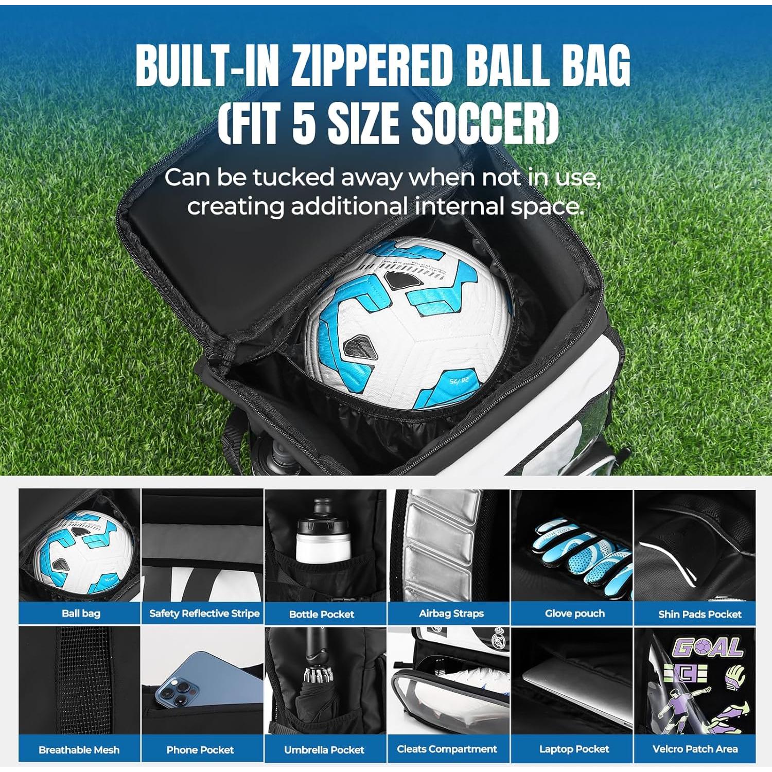 Mochila de Fútbol POIXM Negra 45L con Compartimentos y Velcro