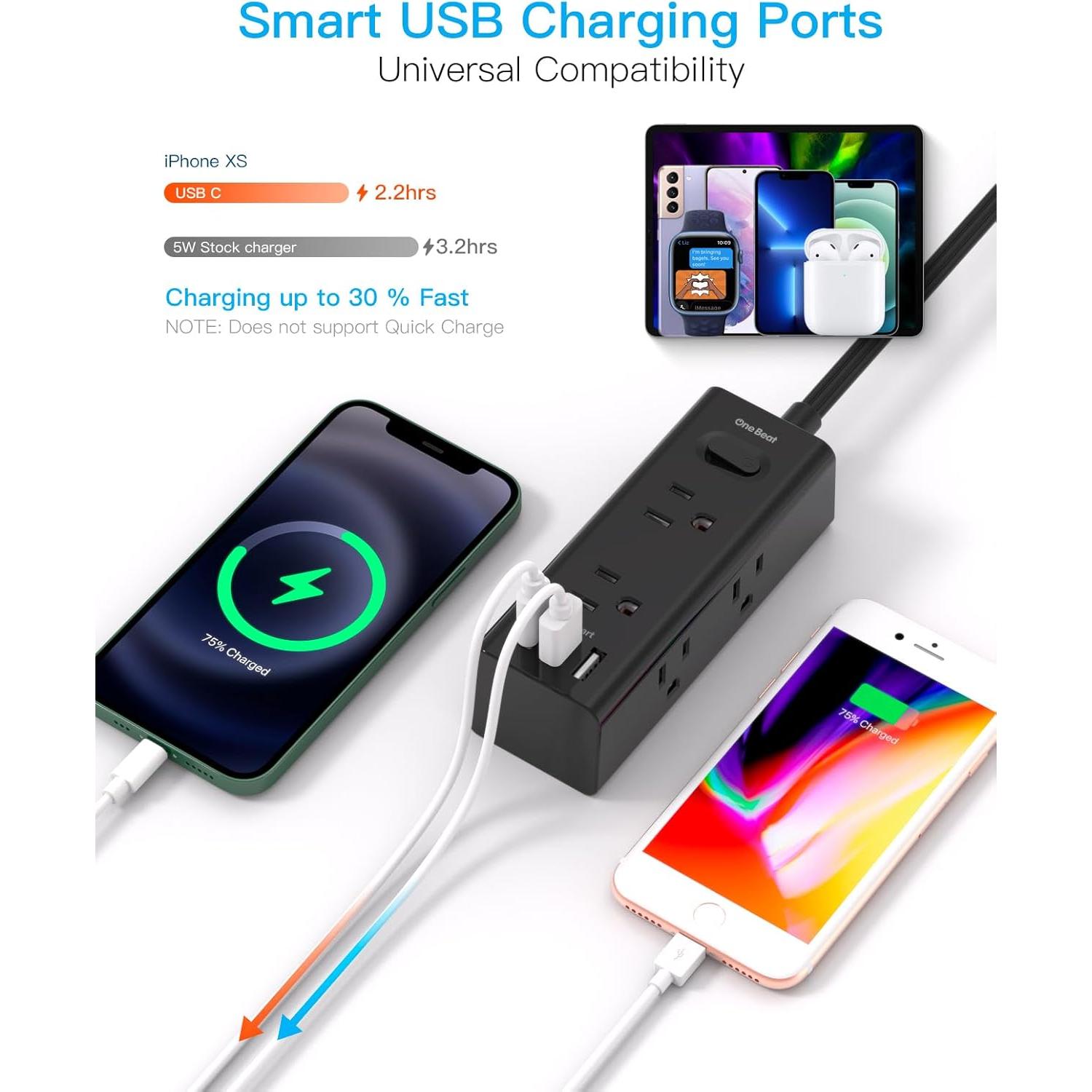 Regleta de Extensión 1 Pie One Beat 6 Salidas 3 USB Negro