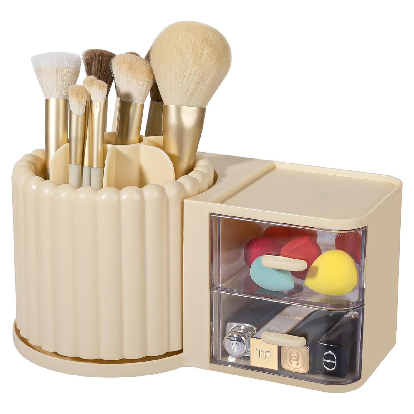 Soporte Rotatorio de Brochas de Maquillaje Anyoifax 7 Compartimentos Beige