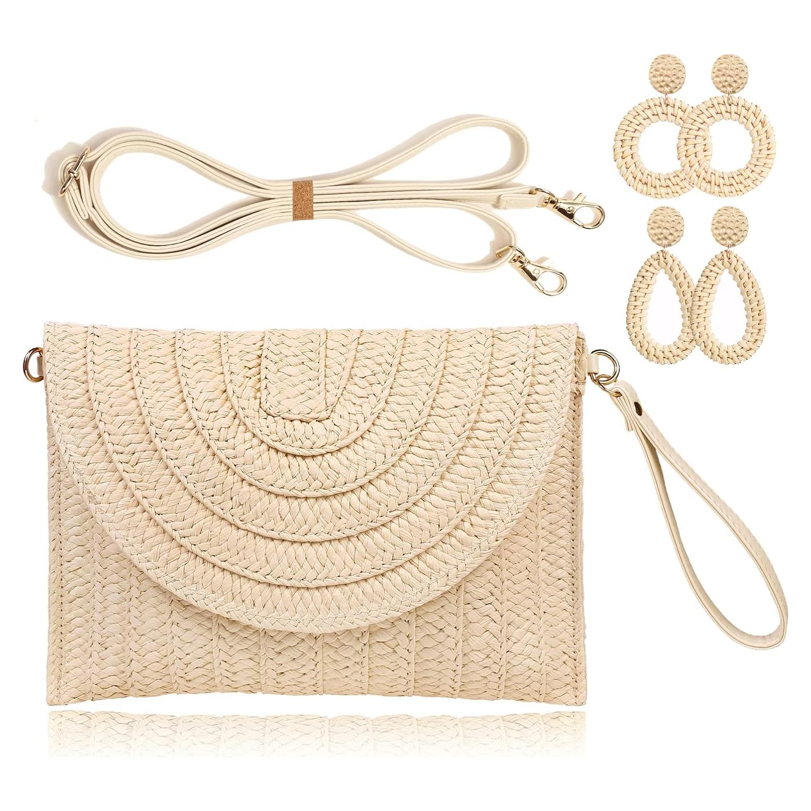 Bolso de Paja Clutch COOKOOKY Beige con Aretes de Ratán