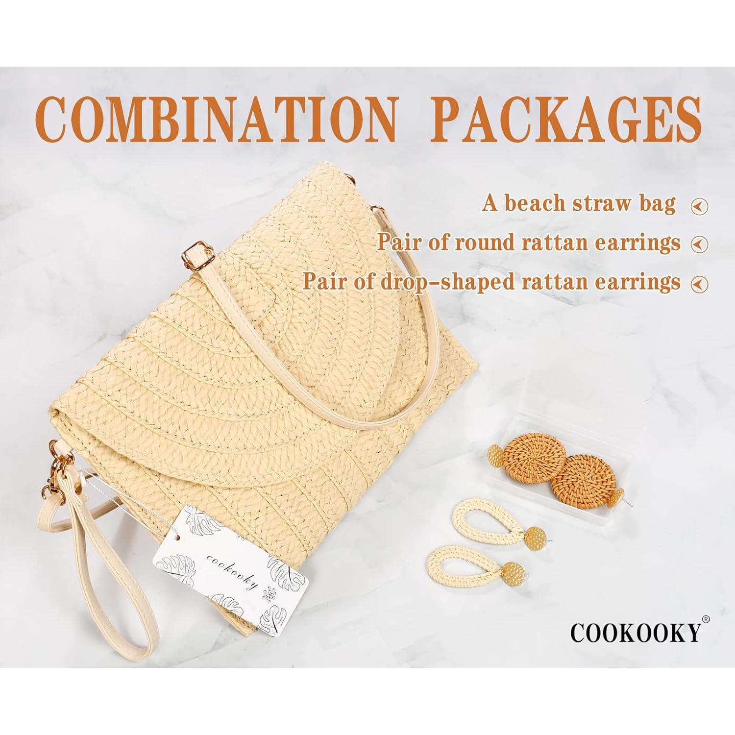 Bolso de Paja Clutch COOKOOKY Beige con Aretes de Ratán