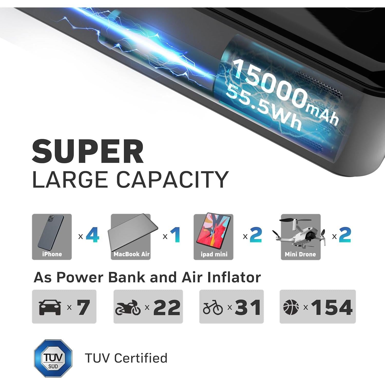 Compresor de Aire DENVIX Inflador Portátil 15000mAh 45W