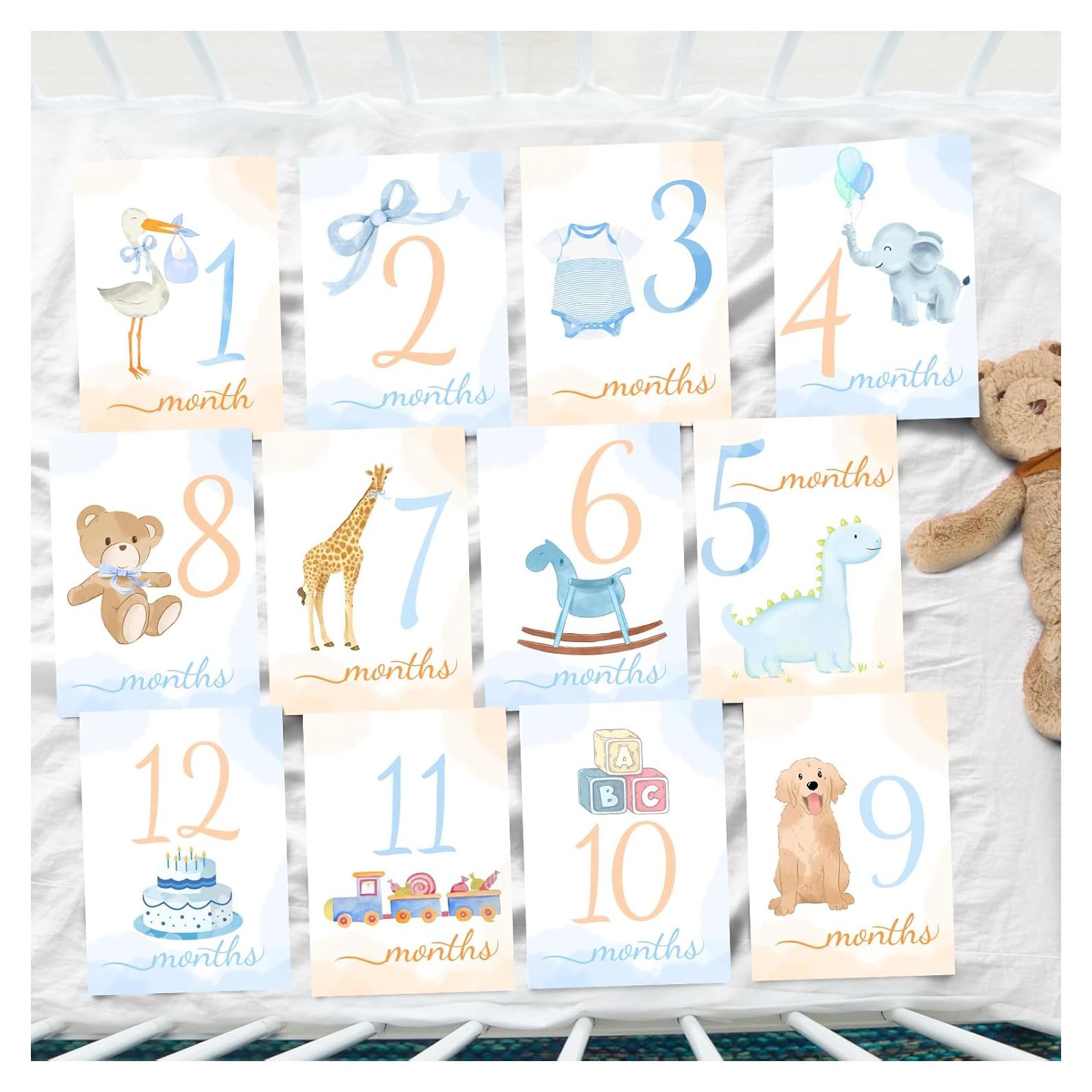 Tarjetas de Hitos Mensuales Bebé Acuarela 12 Piezas