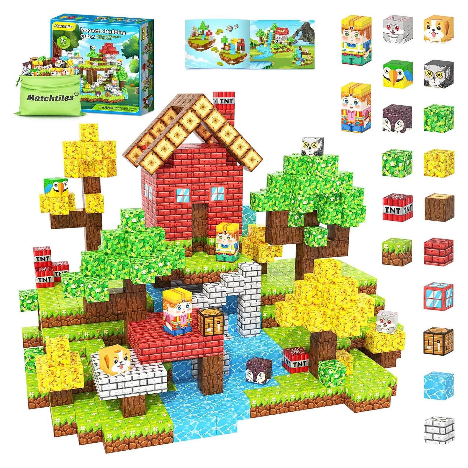 100PCS Magnetic Blocks with Forest Animals, Magnetic Building Blocks Magnet Cube Toys Stacking, Build Forest World Set, STEM Montessori Sensory Toys for Kids Boys Girls Age 3 4 5 6 7 8 9 10 Gifts