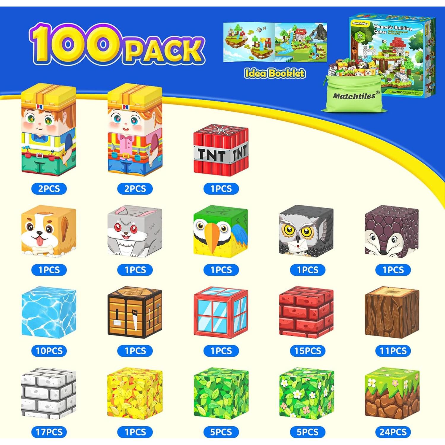 100PCS Magnetic Blocks with Forest Animals, Magnetic Building Blocks Magnet Cube Toys Stacking, Build Forest World Set, STEM Montessori Sensory Toys for Kids Boys Girls Age 3 4 5 6 7 8 9 10 Gifts