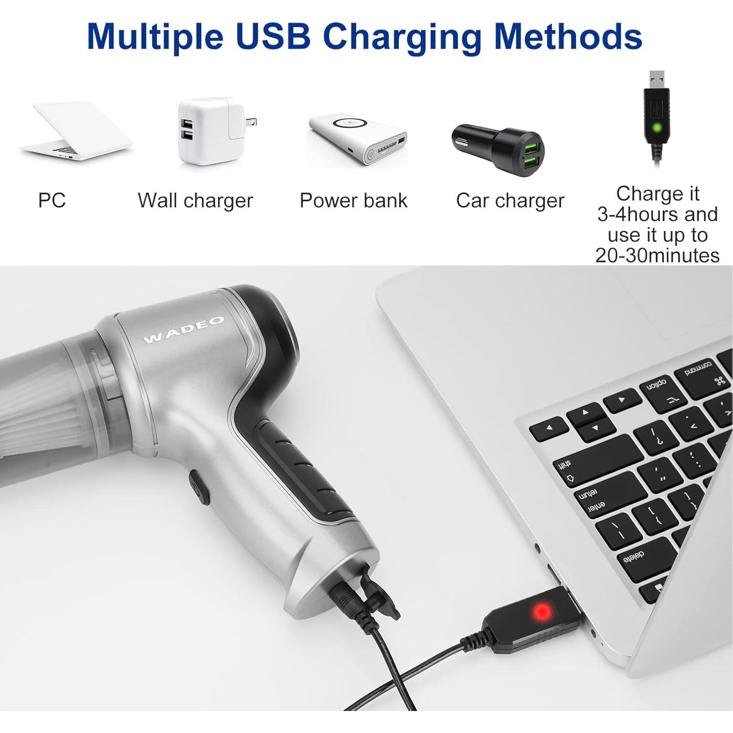 Aspiradora de Mano WADEO Inalámbrica 9000PA 4-en-1 Plata