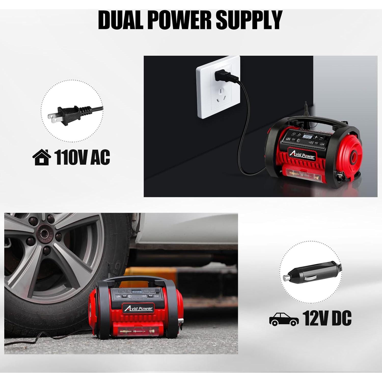 Compresor de Aire Portátil AVID POWER 12V/110V, Inflador Rápido