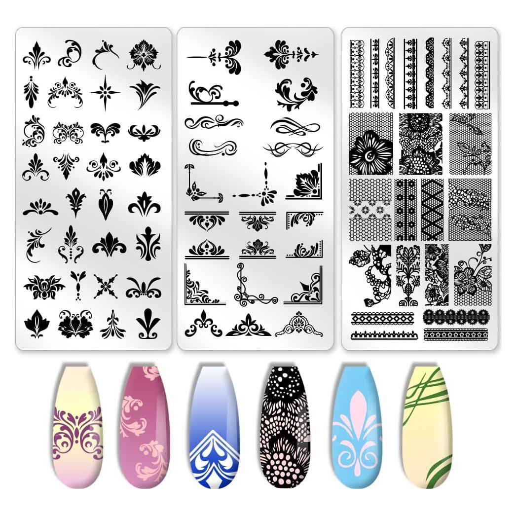Plantillas de Estampado de Uñas Beinkmake 3 Pcs Encaje Barroco