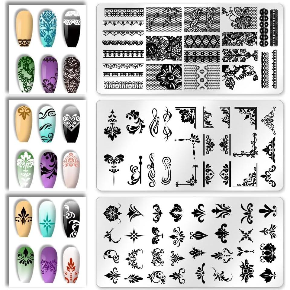 Plantillas de Estampado de Uñas Beinkmake 3 Pcs Encaje Barroco