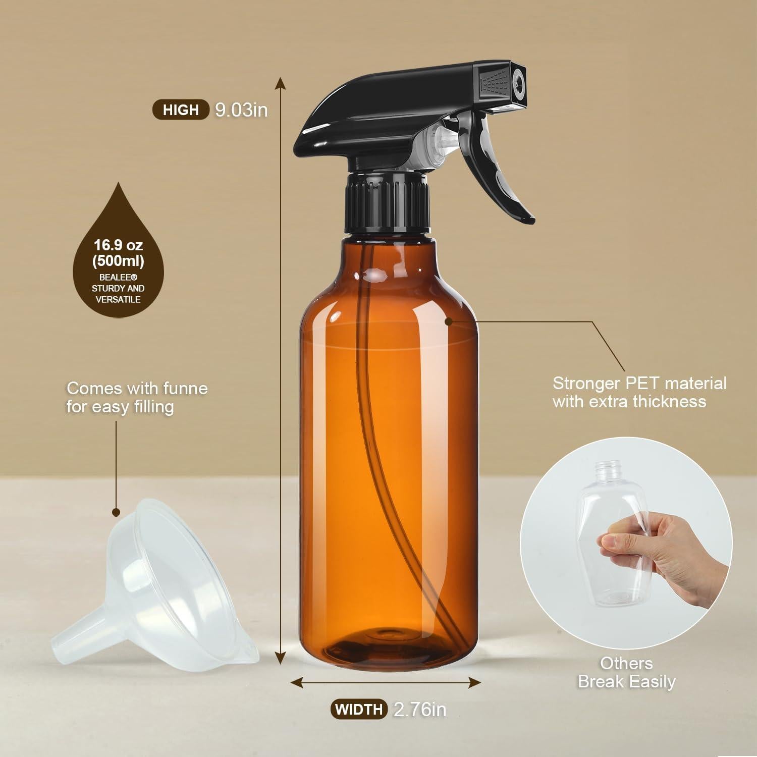 Botellas de Spray Bealee 500 ml 2-Pack Ámbar a Prueba de Fugas