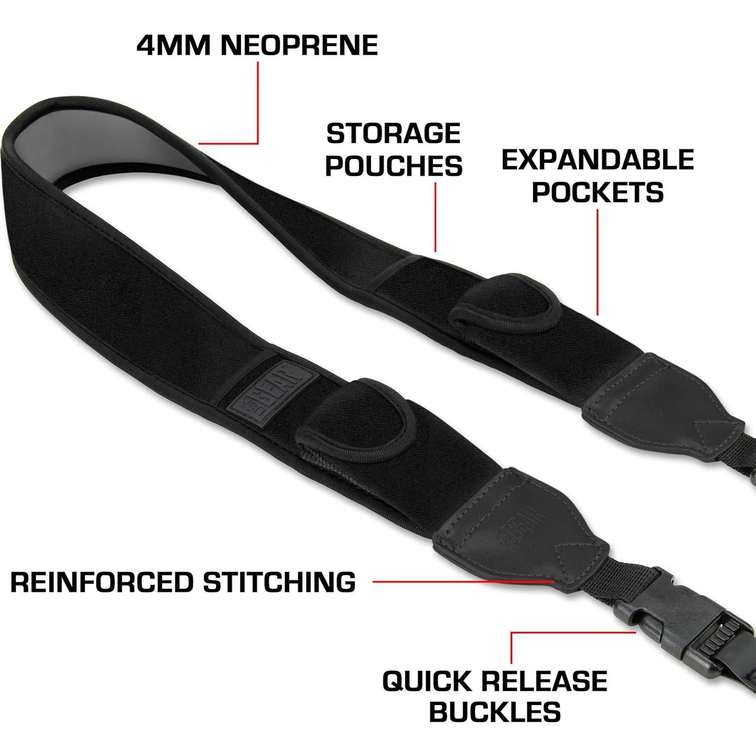 Correa de Cuello Neopreno USA Gear para Cámaras DSLR - Acolchada, Bolsillos y Hebillas Rápidas