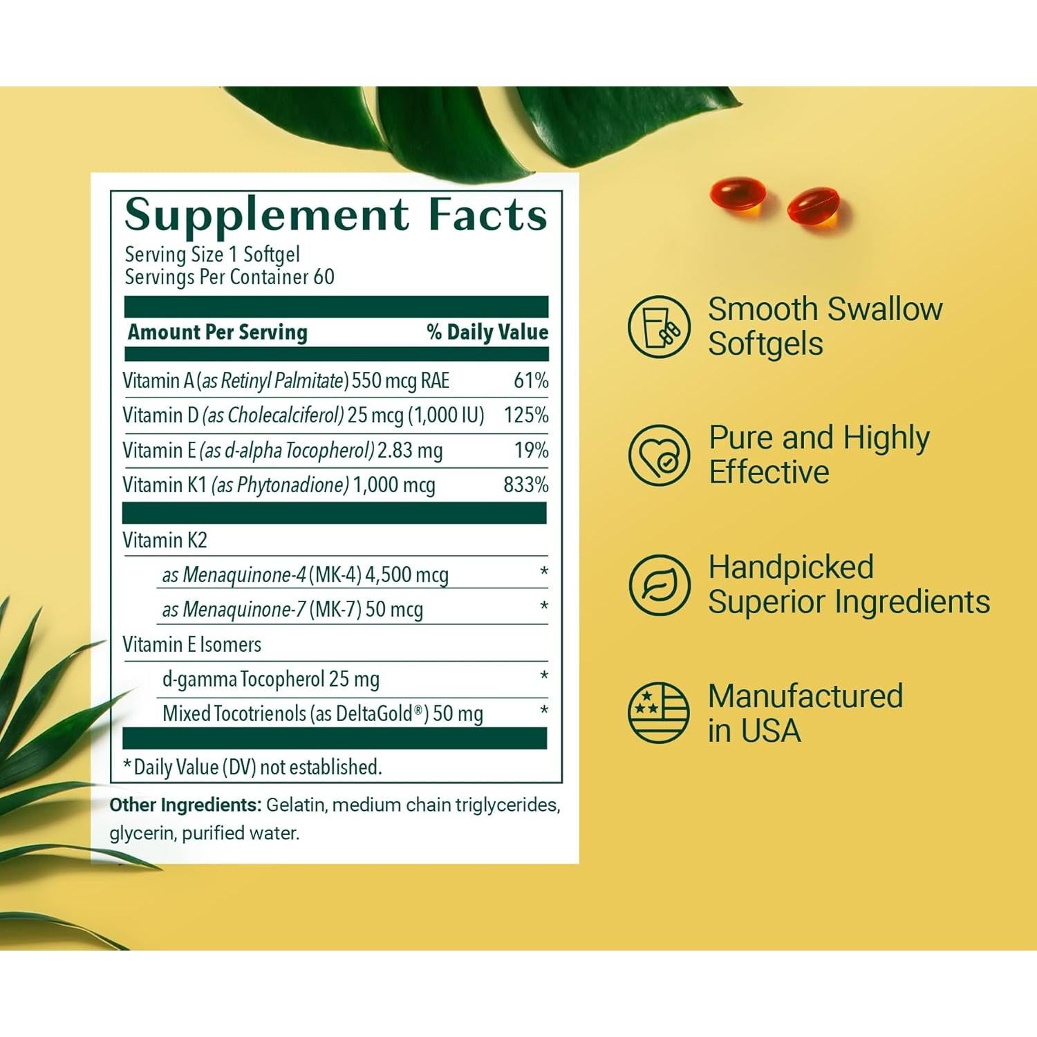 Suplemento de Vitaminas D3 K2 AlgaeCal 60 Cápsulas Blandas