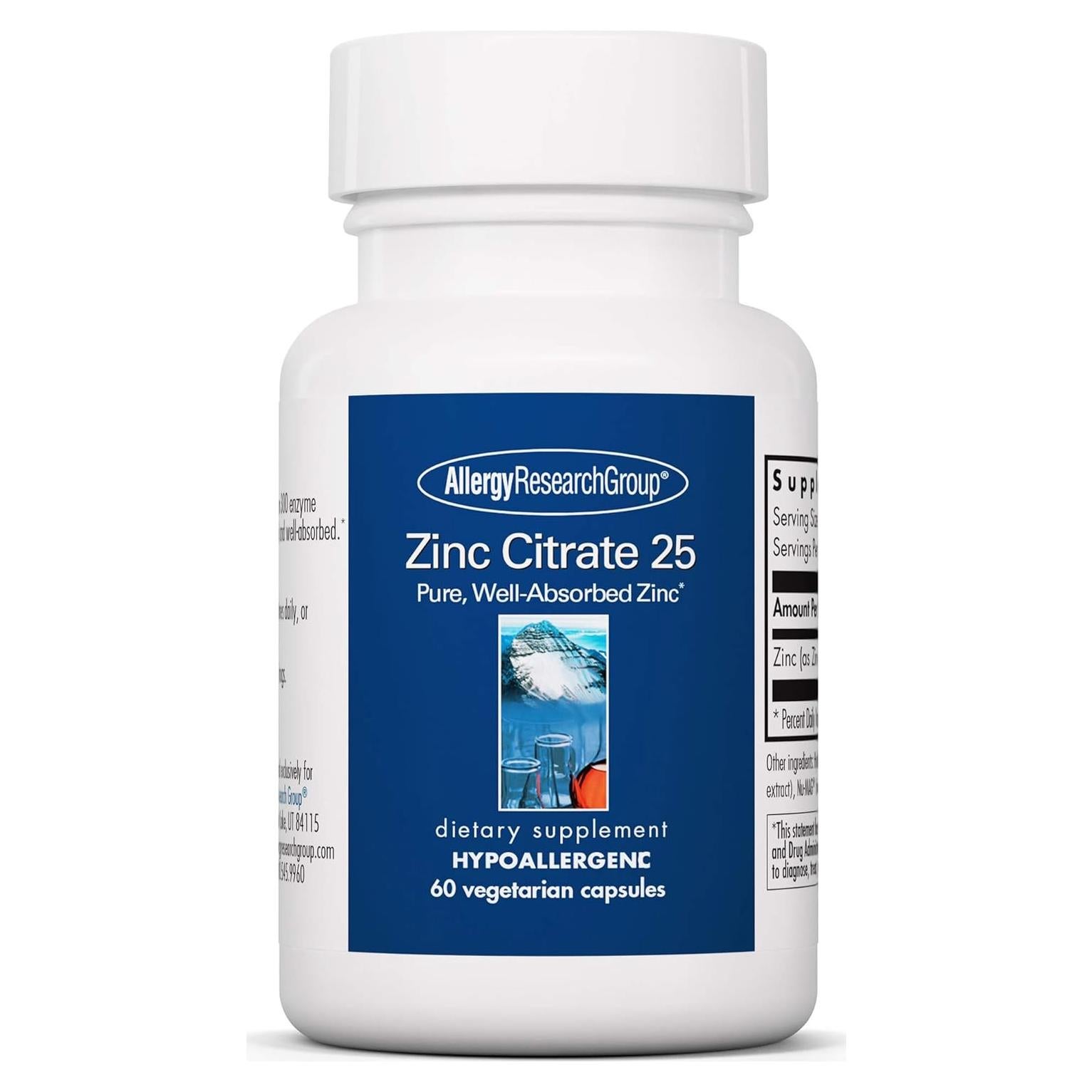 Citrato de Zinc Allergy Research Group 25mg - 60 Cápsulas