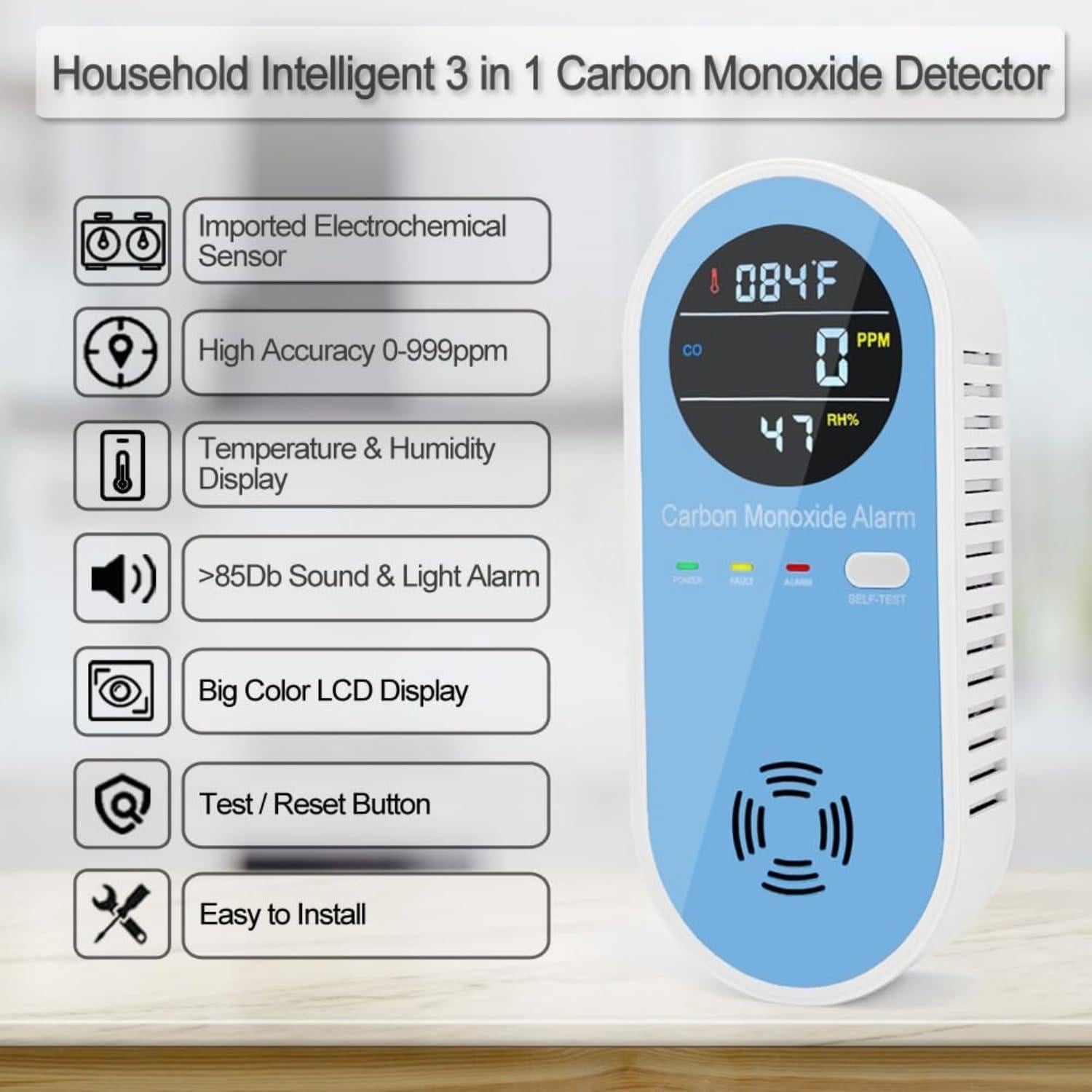 Detector de Monóxido de Carbono 3 en 1 CHENGHEM con Pantalla LCD