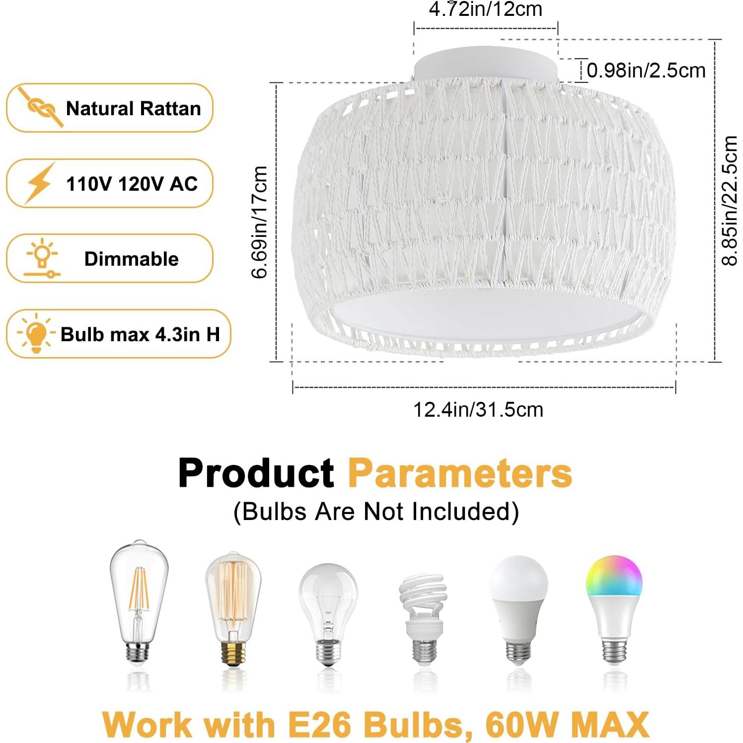 Luz de Techo Flush WILON de Rattan Blanco 1 Luz Regulable