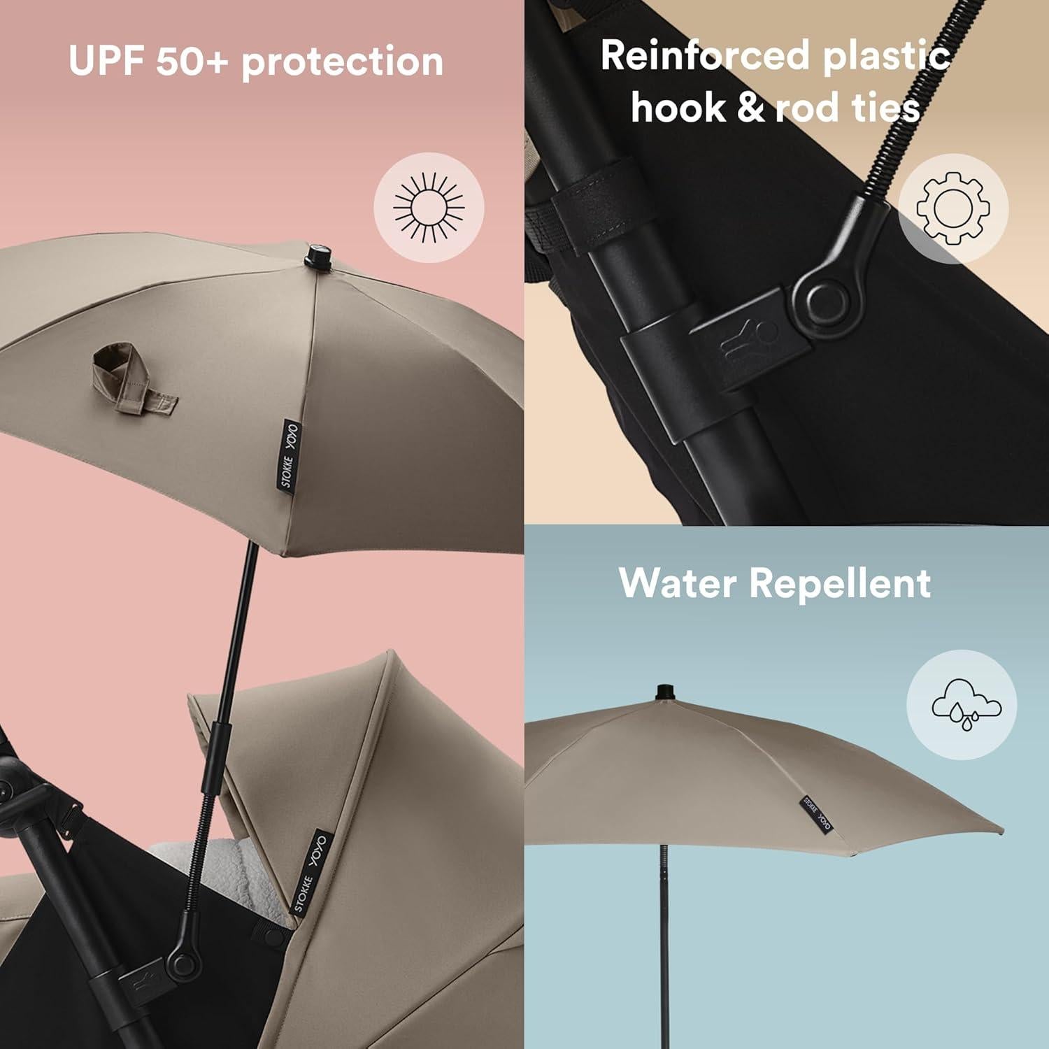 Parasol Stokke YOYO Taupe UPF 50+ Compatible con Recién Nacido