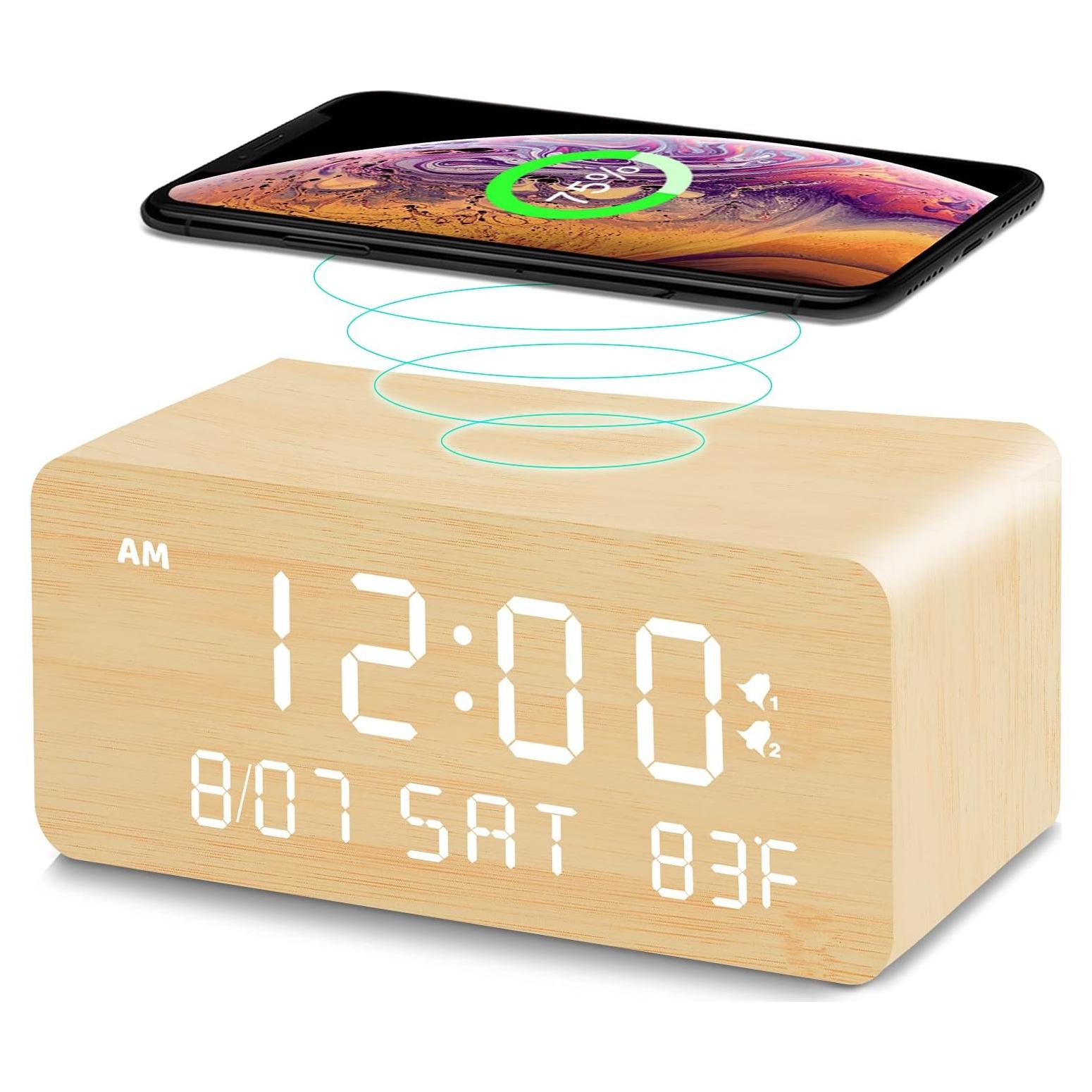 Reloj Despertador Digital Andoolex de Madera con Carga Inalámbrica