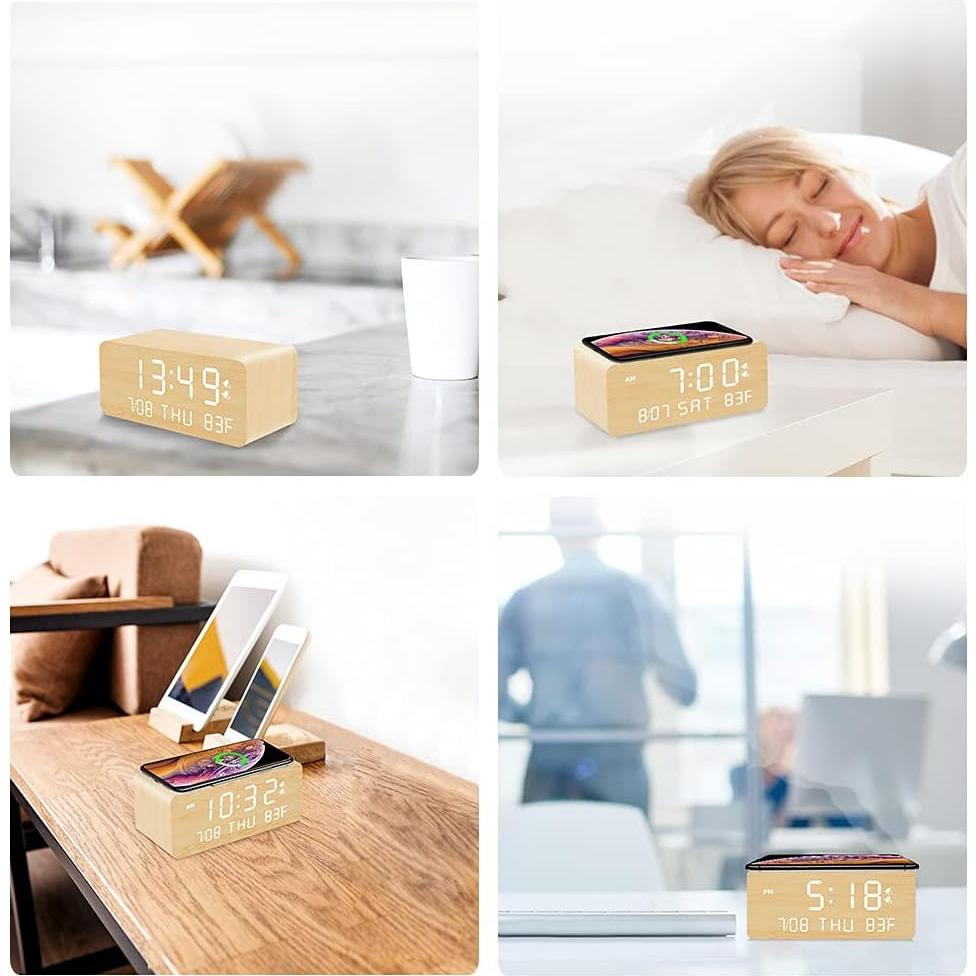 Reloj Despertador Digital Andoolex de Madera con Carga Inalámbrica