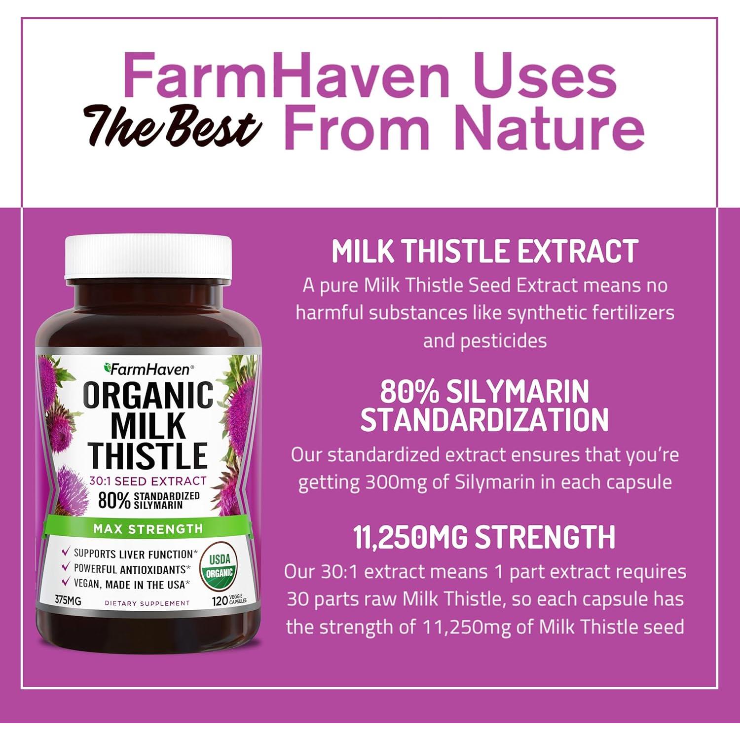 Cápsulas de Cardo Mariano Orgánico FarmHaven 240 Unidades 80% Silymarina